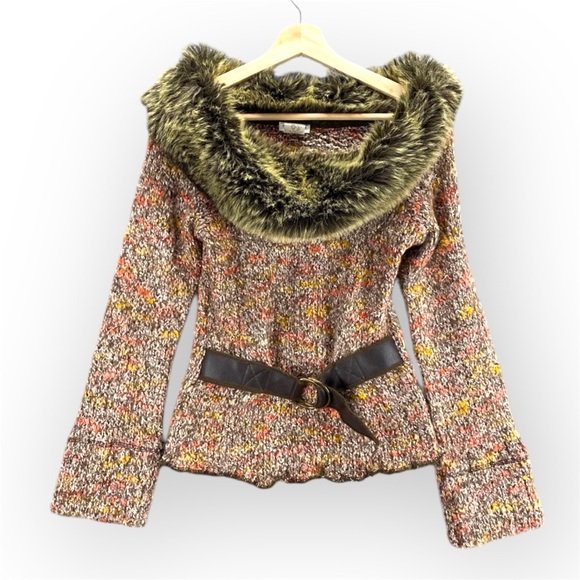 🇫🇷 Vtg Sharagano Paris Brown Faux Fur Collar Belted Wool Blend Sweater | M - Picture 5 of 11